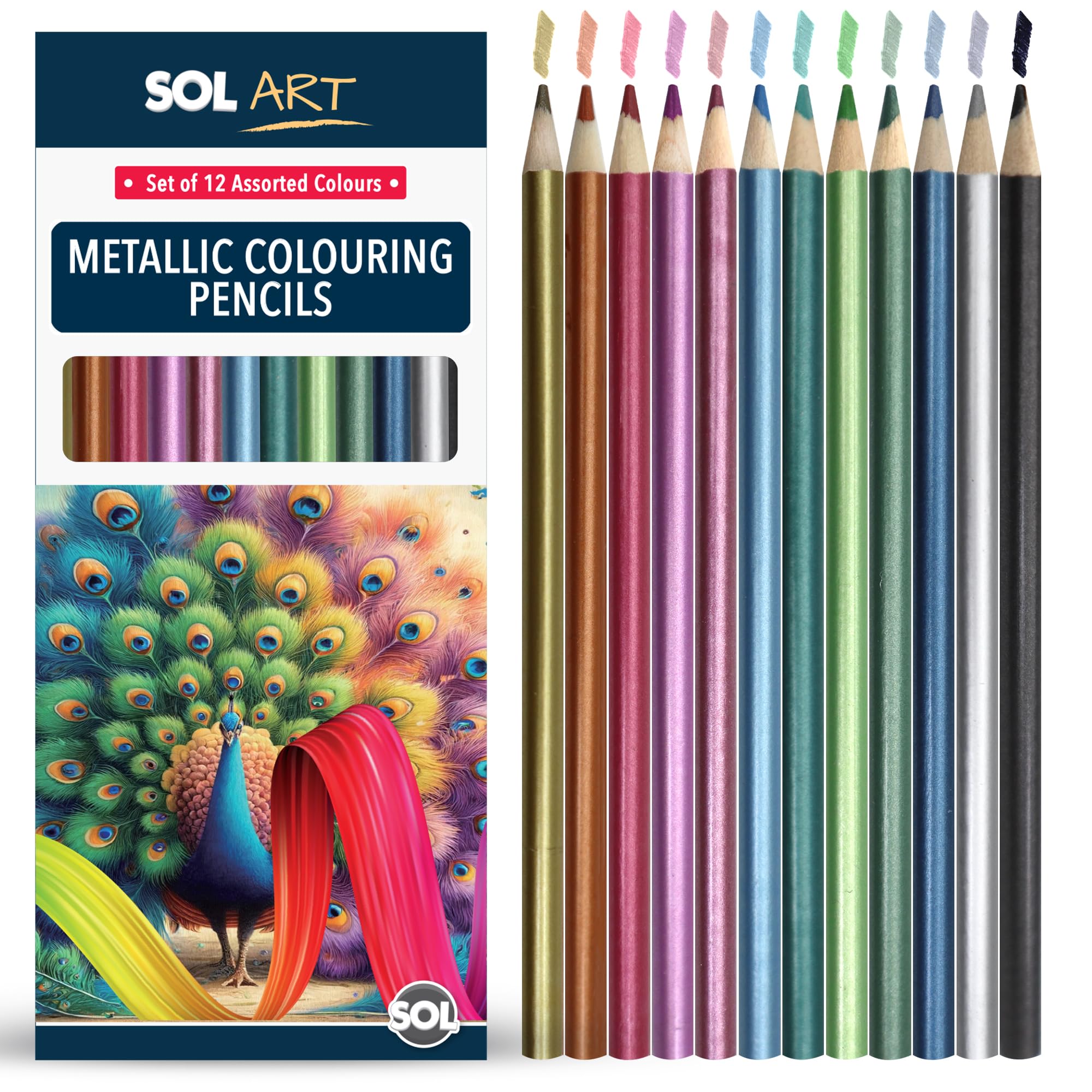 SOL 12pk Metallic Colouring Pencils for Adults, 12 Assorted Premium Colours for Sketching, Colouring & Crafting, Smooth Colour Application, Break-Resistant Design, Comfortable and Easy to Use