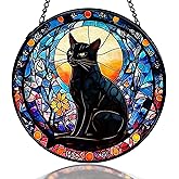kdqua Black Cat Suncatcher Stained Glass Window Hanging, Gothic Kitty Sun Catchers Indoor Window Glass Round Wall Decor, Cat Wall Art Hanging Decorations Statues, 7.9x7.9in