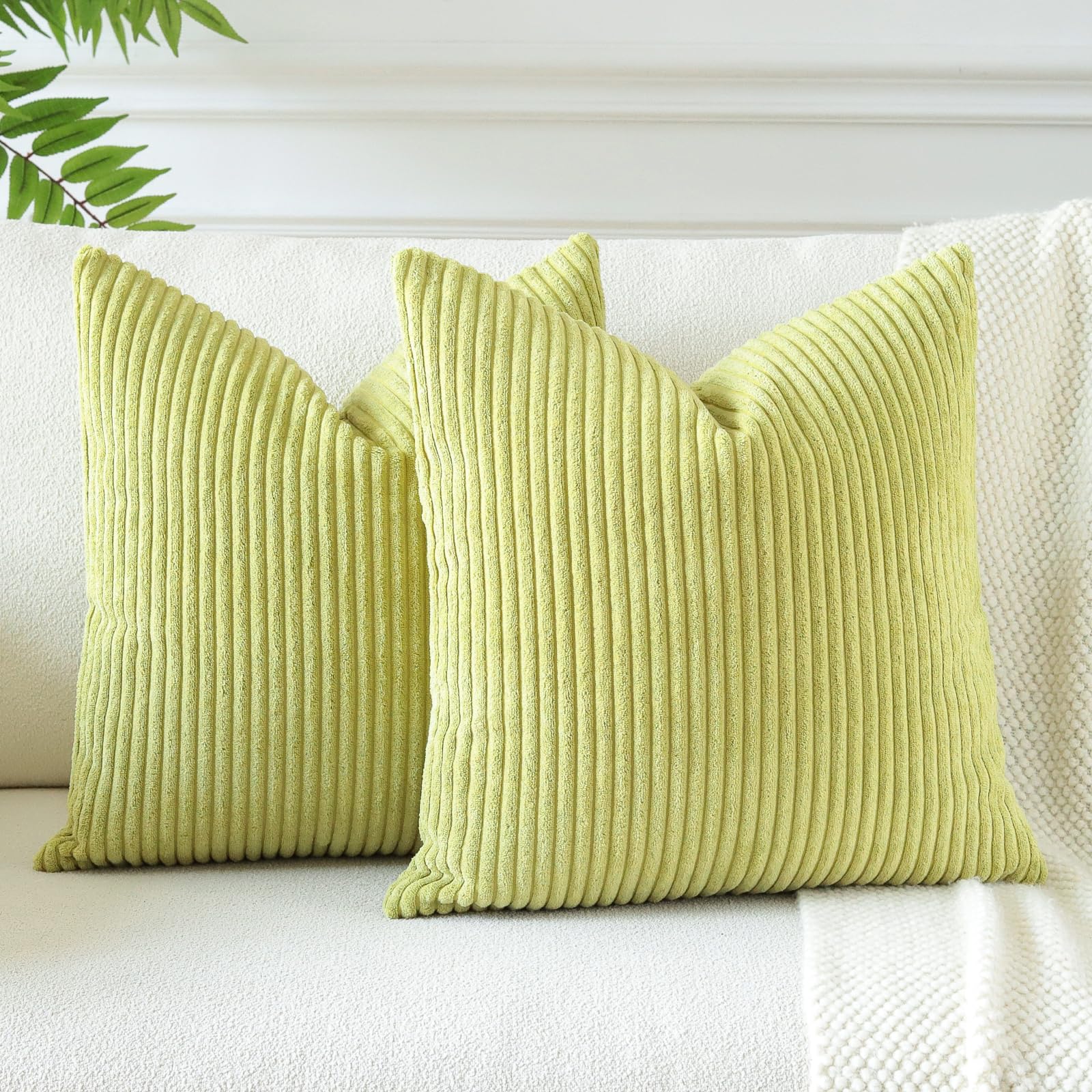 JOTOM Soft Striped Decorative Throw Pillow Covers 24x24 Inch Square Corduroy Cushion Covers 60x60 cm Boho Home Decor Pillowcase Cushion Cases for Sofa Bed Couch Living Room Set of 2 (Bud Green) — image 1