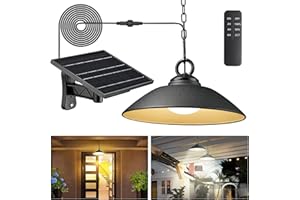 MOON-DE-AGE Solar Pendant Lights with Remote Control, 3 Color 2 Brightness Mode Timer 8 inch Outdoor Hanging Shed Gazebo Chandelier Lamp Chicken Coop Barn Porch Light, Dusk to Dawn, 1 Pack