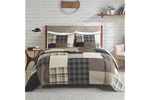 WOOLRICH JOHN RICH & BROS. Woolrich Winter Hills Reversible Quilt Set - Cottage Styling Reversed to Solid Color, All Season Lightweight Coverlet, Cozy Bedding Layer, Matching Shams, Oversized King/Cal King, Plaid Tan 3 Piece