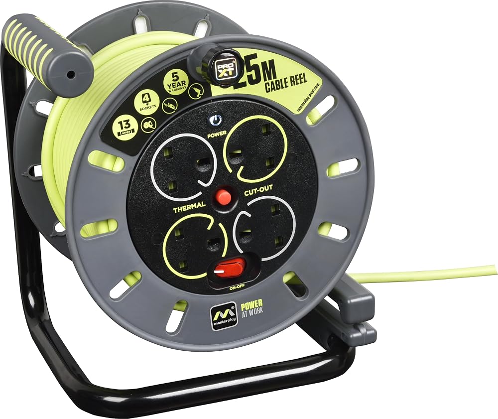 Masterplug Pro-XT Four Socket Open Cable Reel 25m Green High Visibility