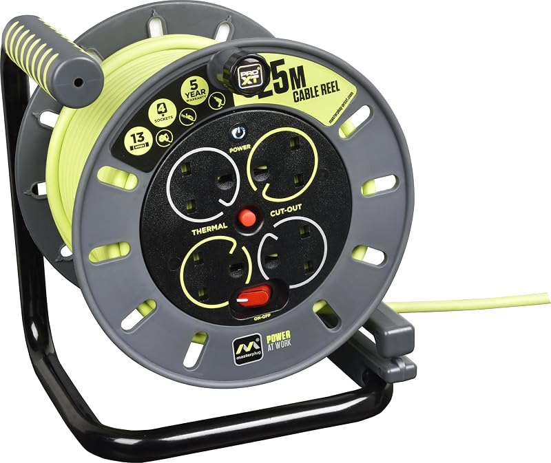 Masterplug Pro-XT Four Socket Open Cable Reel 25m Green High Visibility