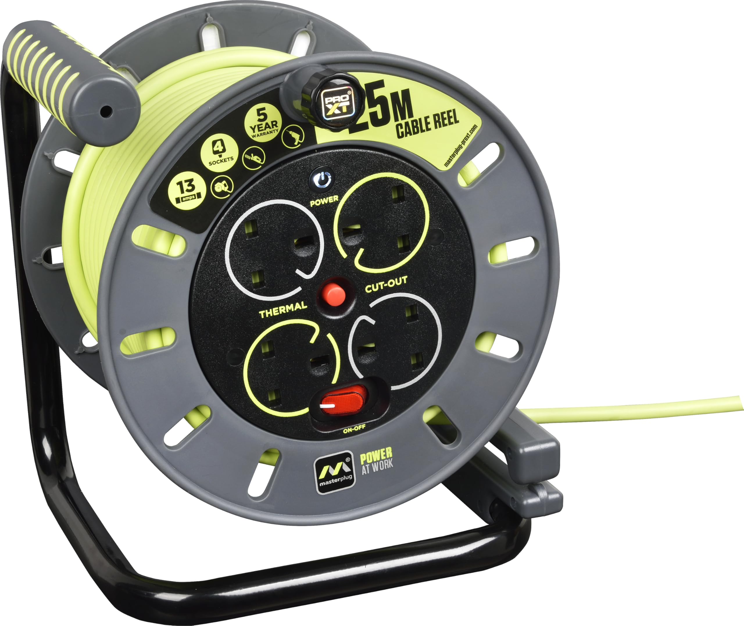 Masterplug Pro-XT Four Socket Open Cable Reel Extension Lead with Winding Handle, Thermal Cut Out and Power Switch, 25 Metres High Visibility Cable, Green
