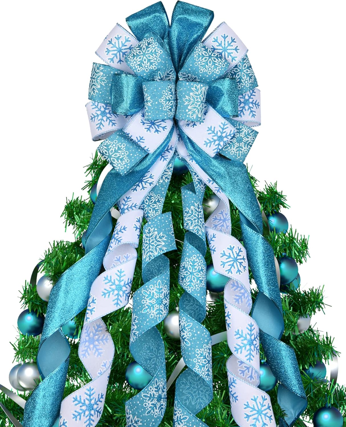 Tree Toppers - Christmas Tree Topper,45x13 Inches Large Toppers Bow with White and Blue Snowflake for Christmas Decoration(Blue and White)