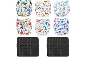 TDIAPERS Cloth Diapers Washable Reusable One Size Adjustable for Baby 6 Pack with 5-Layer 12 Inserts