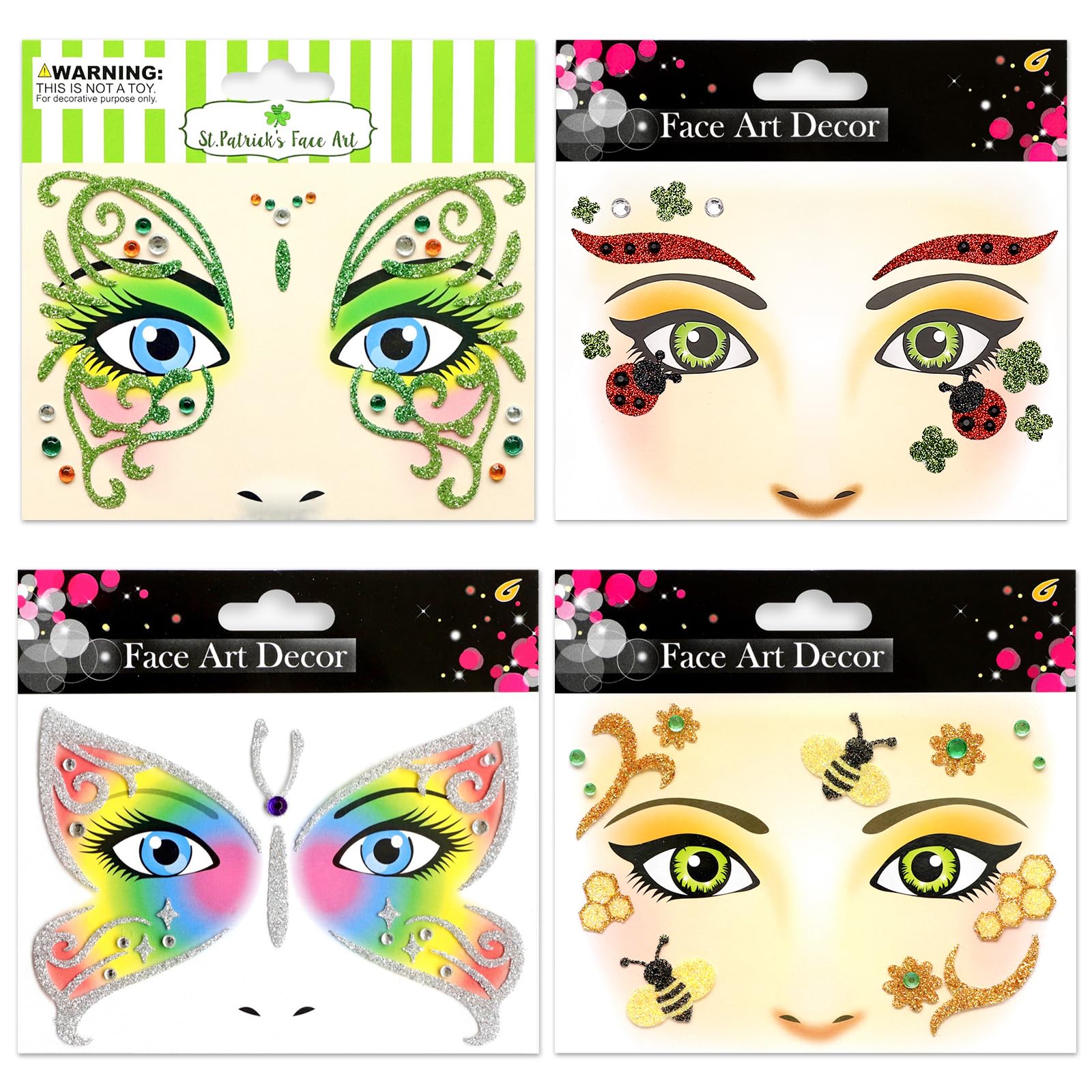 ALEGRE 4 Sheets Face Tattoo Bee, Butterfly, Ladybird Temporary Tattoo, Glitter Face Sticker for Theme Party, Carnival, Fancy Dress