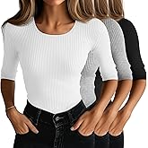 Neer 3 Pack Women's Scoop Neck Ribbed Tops Half Sleeves Shirts Slim Fitted 1/2 Sleeve Causal Basic Knit Tee