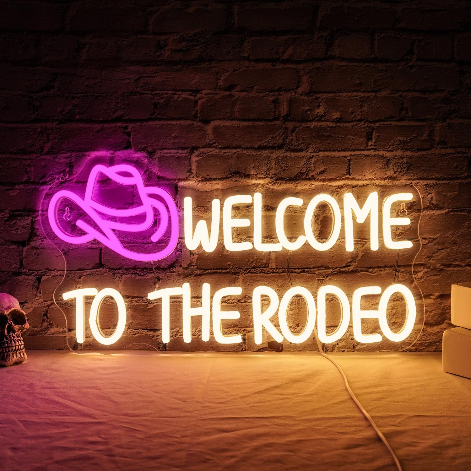 Photo 1 of WLHOPE Welcome To The Rodeo Neon Sign Cowboy Hat Led Lights Dimmable Light Signs for Wall Decor 16.5 x 8.6 inches USB Powered Licked Light Signs for Bar Home Club Party Western Bedroom Decoration