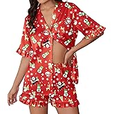Ekouaer Womens Satin Pajamas Cute Ruffle Sleeve Printed Sleepwear Button Down Silk Pjs Set