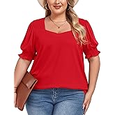 FOREYOND Women's Plus Size Summer Tops Puff Short Sleeve Blouses Square Neck Dressy Tunics Loose Casual T Shirts