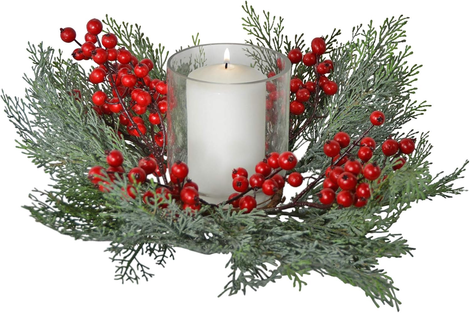 Home Decor Allstate 14 Inch Faux Berry And Cedar Candle Ring With Glass Hurricane Christmas Pillar Candle Holder Candles Holders