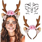 MOVINPE Reindeer Antlers Headband & Face Tattoos, Deer Ears Fluffy Headpiece with Face Sticker Gem for Christmas Halloween