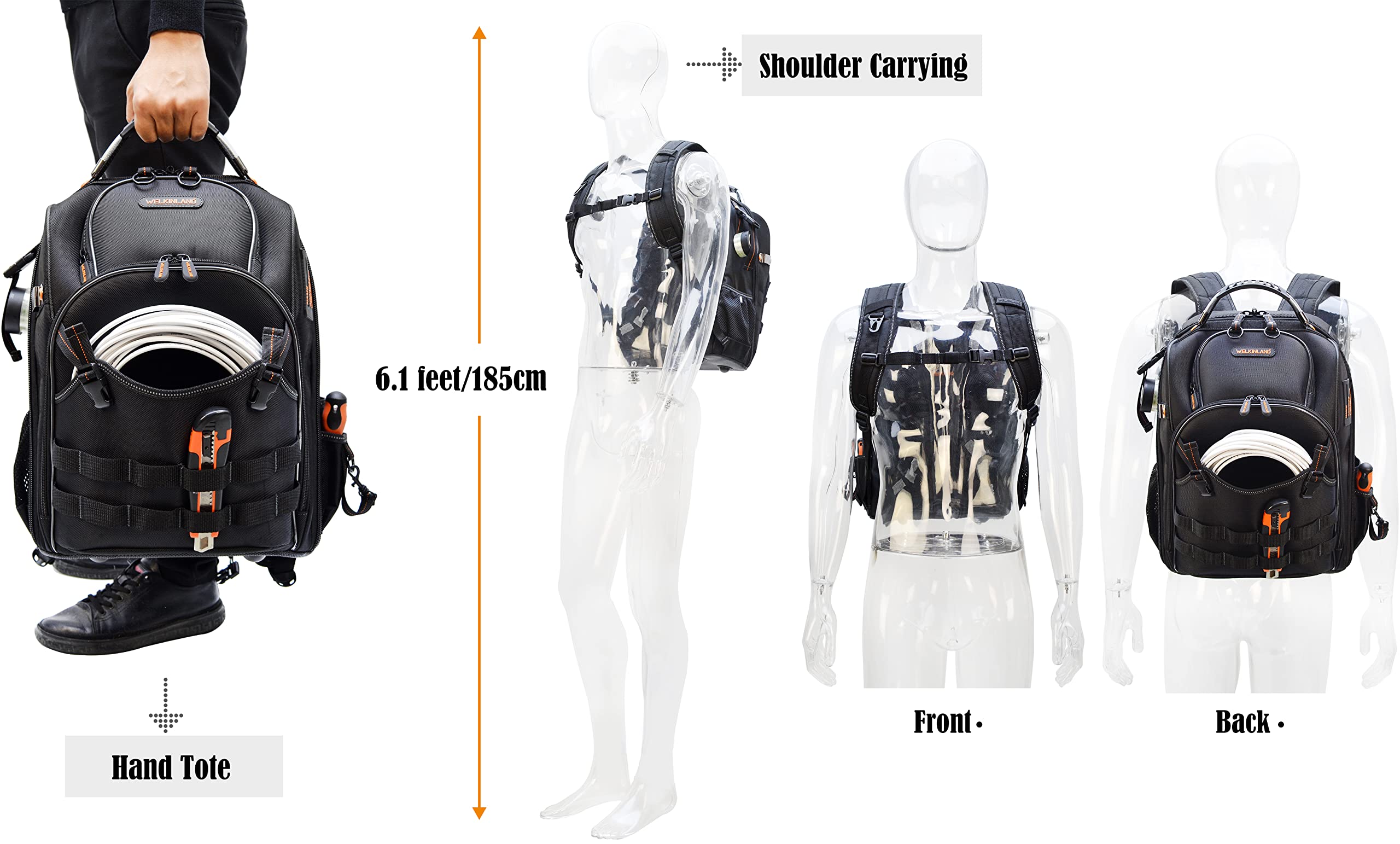 66-Pockets Tool Bag, Heavy-Duty Jobsite back pack for electricians, construction, men