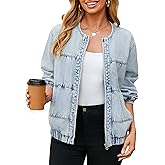 Glamaker Womens Denim Bomber Jacket Trendy Casual Zip Up Crew Neck Long Sleeve Loose Fit Jean Jacket Fall Outfits