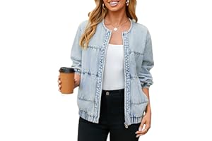 Glamaker Womens Denim Bomber Jacket Trendy Casual Zip Up Crew Neck Long Sleeve Loose Fit Jean Jacket Fall Outfits