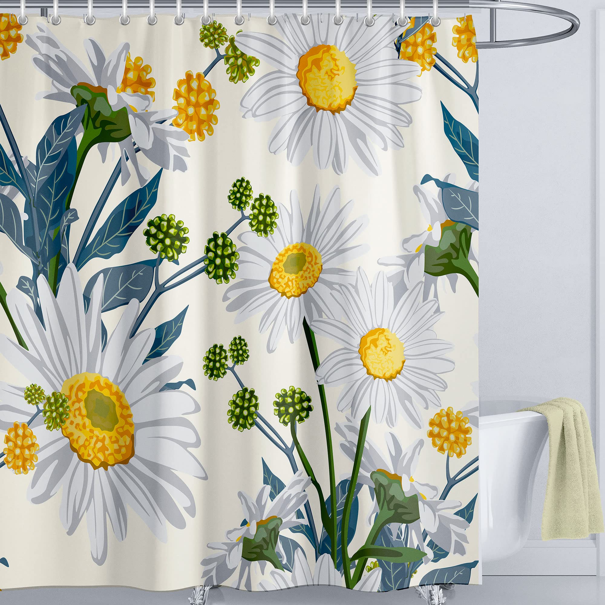 LIVETTY Daisy Floral Shower Curtain 180 x 180 cm Green Leaf Plant Bathroom Curtain Mould Proof Polyester Fabric Bath Curtain with 12 Hooks Washable Quick-Drying — image 1