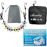 Travel Laundry Detergent Sheets Kit – 30-Count Laundry Detergent Sheets for Sink & Machine Wash, Portable Clothesline and Travel Laundry Bag Great for Cruises, Camping & Backpacking