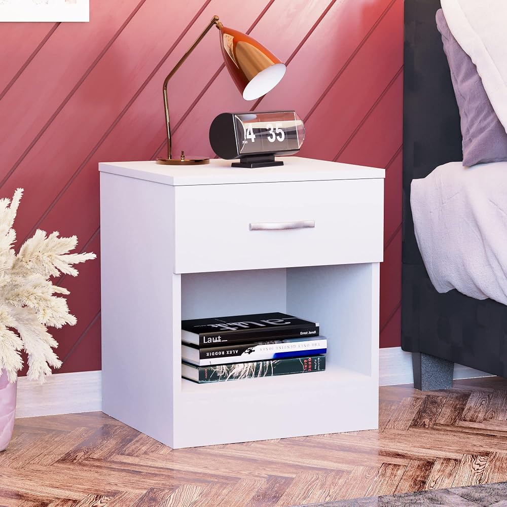 Vida Designs Large White Bedside Cabinet 1 Drawer Melamine Metal Handles