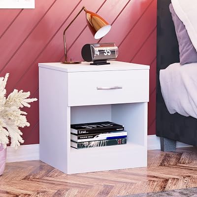 Vida Designs Large White Bedside Cabinet 1 Drawer Melamine Metal Handles