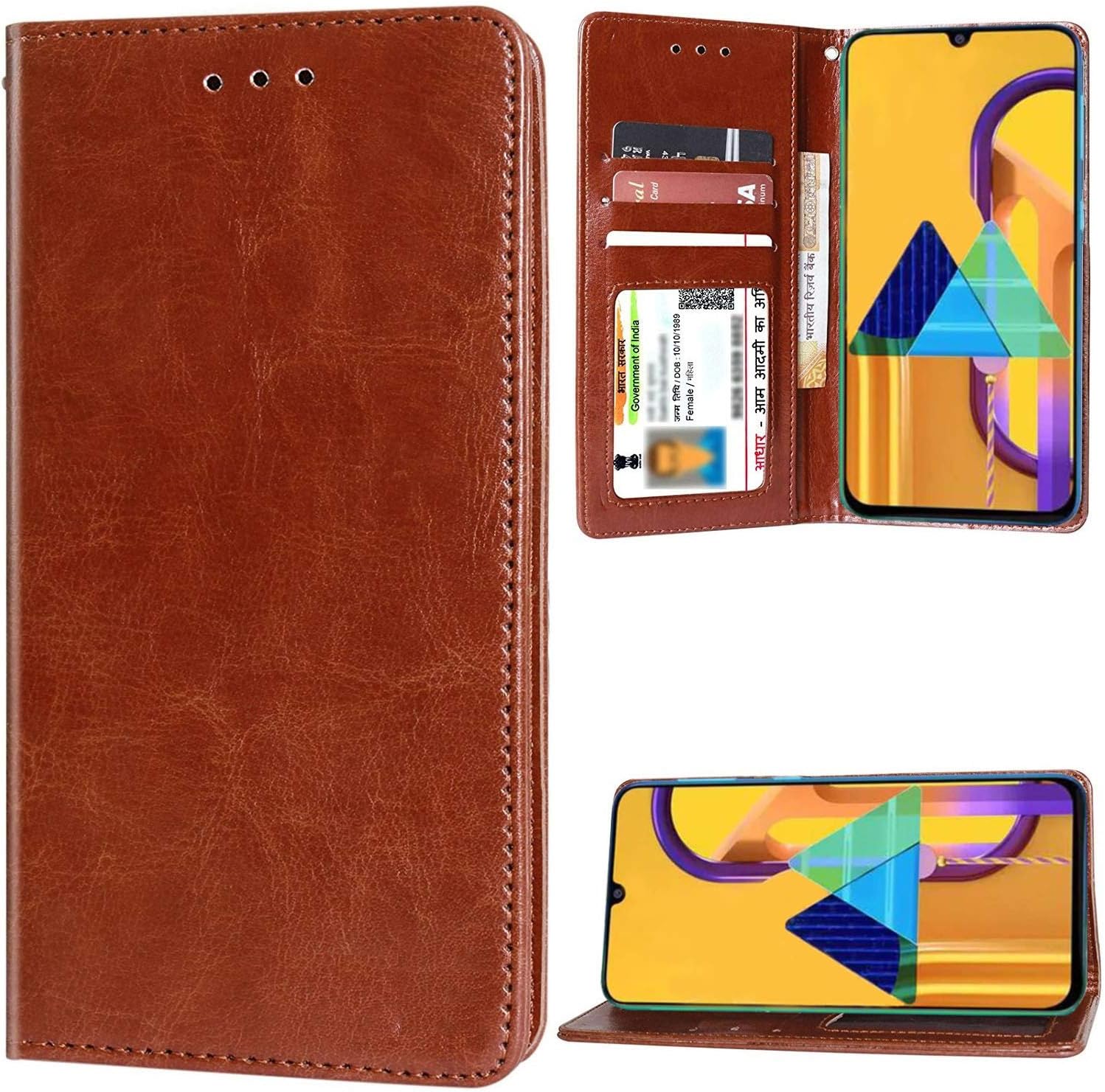 unisTuffUnistuff Faux Leather Back Case Flip Cover for Samsung Galaxy M30s with ID Card Slot | Foldable Stand | 2 Card Slot | 1 Cash Slot - Executive Brown, 72418