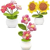 Jusen 3pcs Crochet Flowers Cute Potted Flower,Mini Flower Bouquet for Mom Wife, Cute Desk Decor for Women,Artificial Handmade Flowers for Car Dashboard,Home Office Decoration (Color#1)