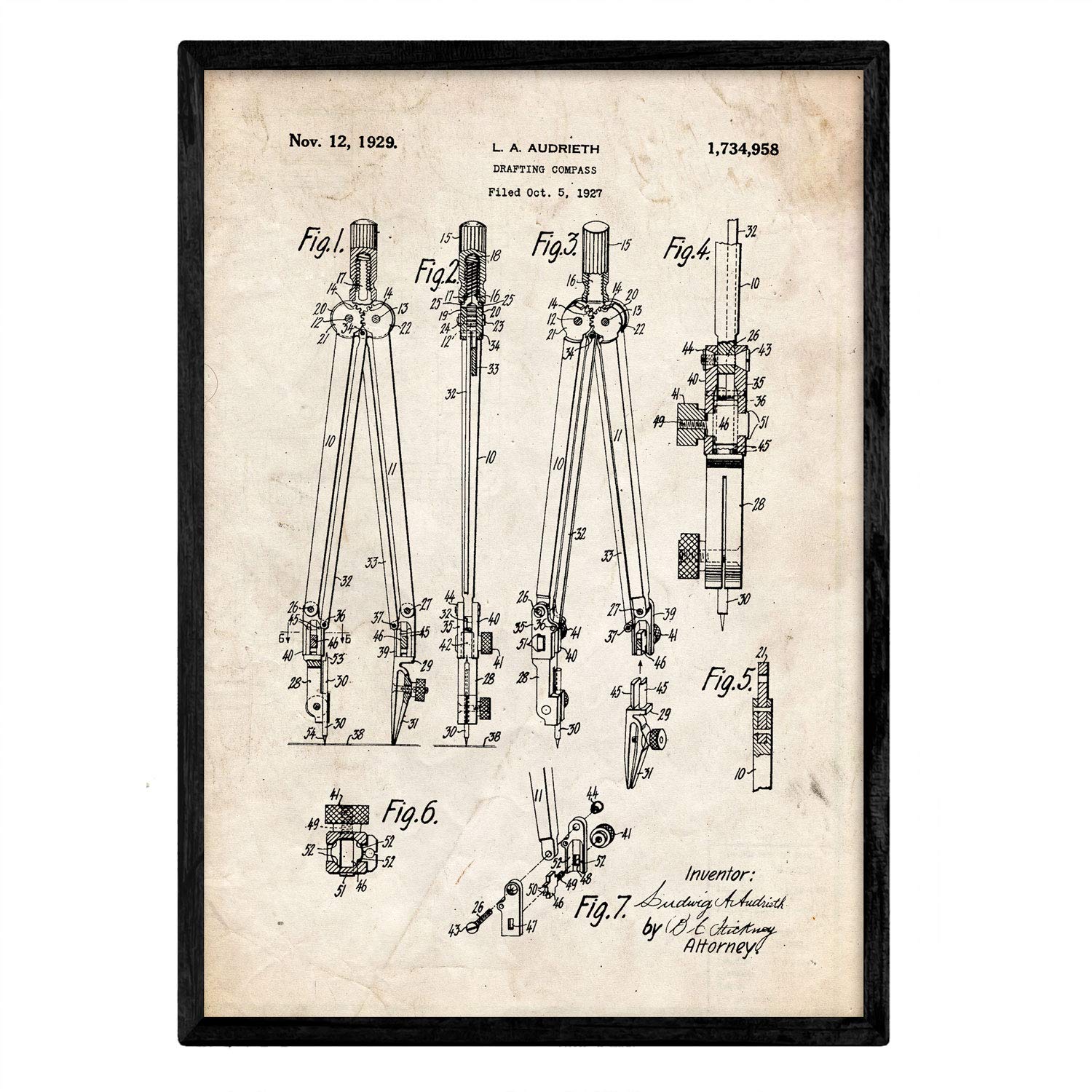 Nacnic Poster patent Compas. Sheet with old design patent in A3 size and vintage background