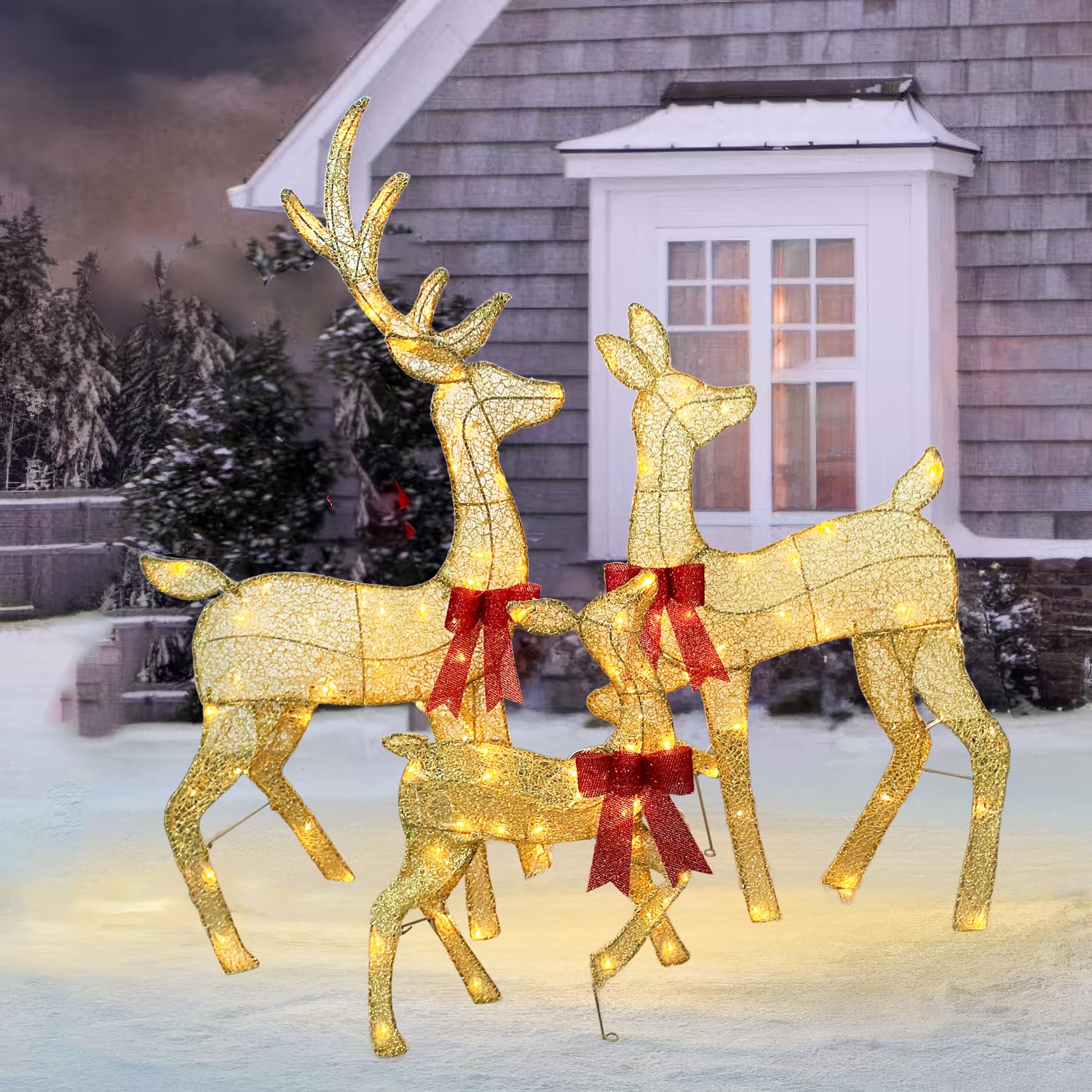 Photo 1 of ***UNKNOWN MISSING PIECS/ DAMAGES*** 45"  Outdoor Christmas Reindeer Family Decor, Handmade Deer Set of 3, Plug and Play, Metal Frame, Safe Waterproof Material, Perfect for Vintage Christmas Home Tree Garden Decoration, Gold