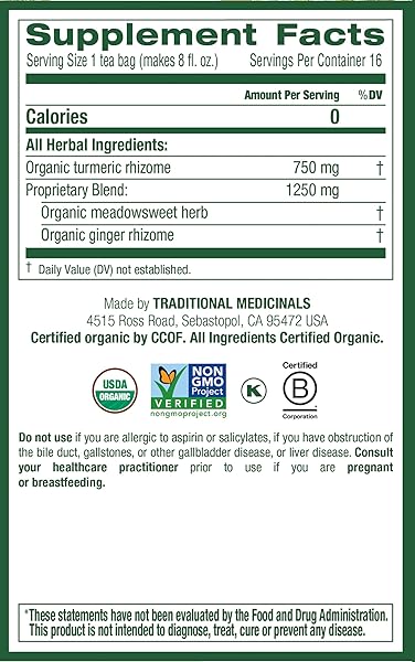 TRADITIONAL MEDICINALS ORGANIC, TURMERIC TEA WITH GINGER & MEADOWSWEET – SUPPORTS NORMAL RESPONSE TO INFLAMMATION – KOSHER, NON-GMO, CAFFEINE-FREE, COMPOSTABLE – 16 TEA BAGS