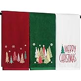 Quera 3 Pack Christmas Hand Towels 100% Cotton Embroidered Red Green Bathroom Decor Decorative Kitchen Towels Set for Drying, Cleaning, Cooking, Holiday Towels Gift Set