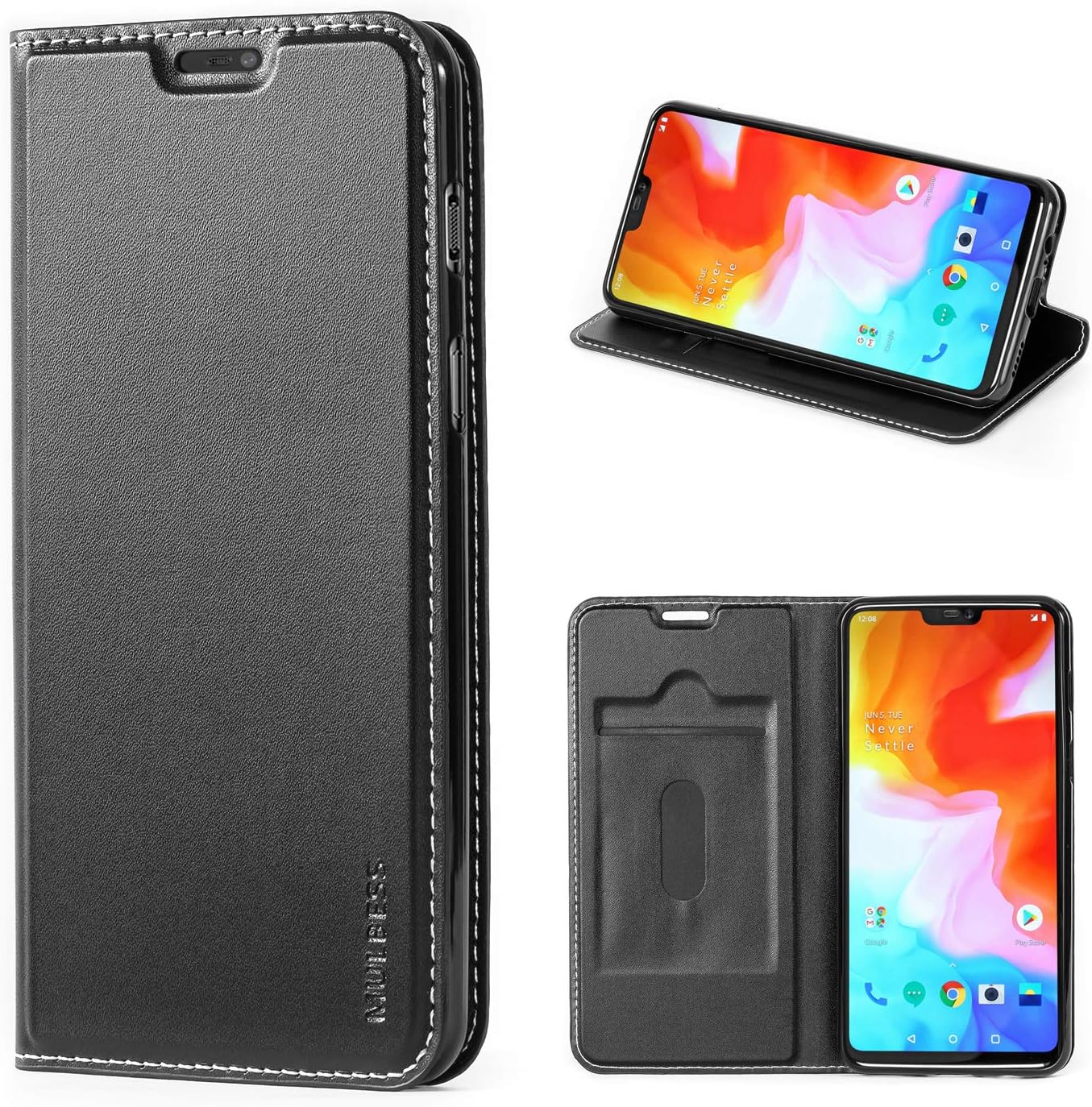 Mulbess OnePlus 6 Case Wallet, Folio Flip Leather Phone Case with Magnetic Closure for OnePlus 6 Cover, Black