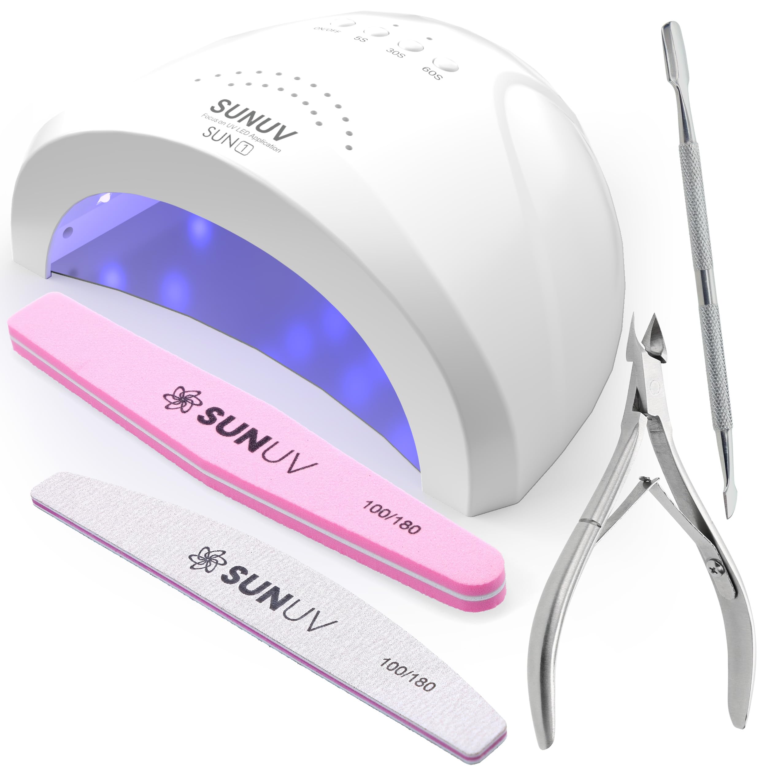 SUNUV UV Nail Lamp, Professional LED UV Light for Gel Nails SUNone 48W 4PCS Cuticle Nippers, Cuticle Pusher with Nail File and Buffer Set