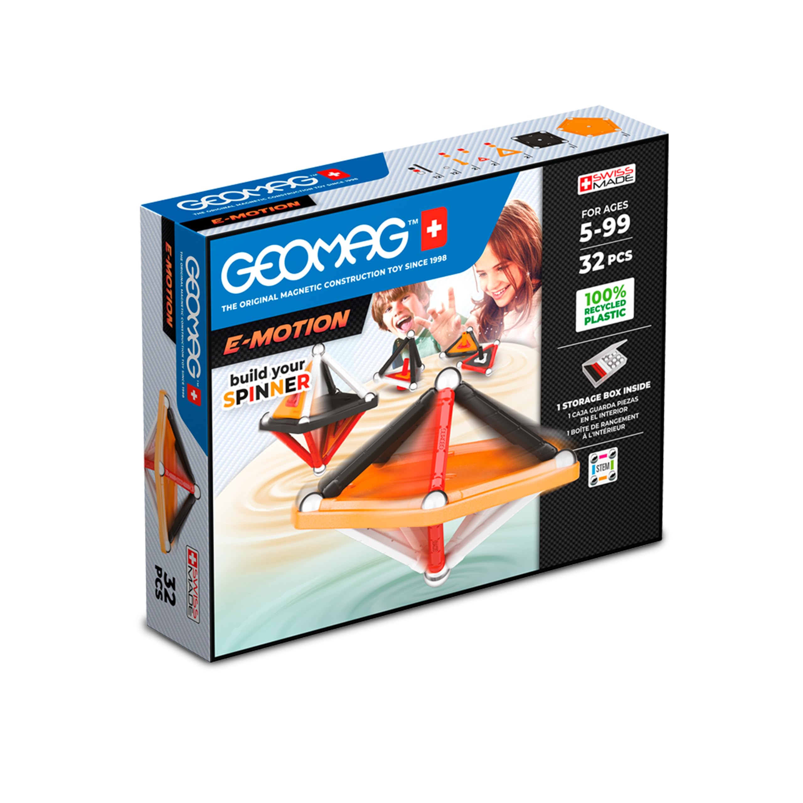 Geomag, E-Motion Panels, Magnetic Constructions, Make a Spinning Top, 32-Piece Pack, 100% Recycled Plastic