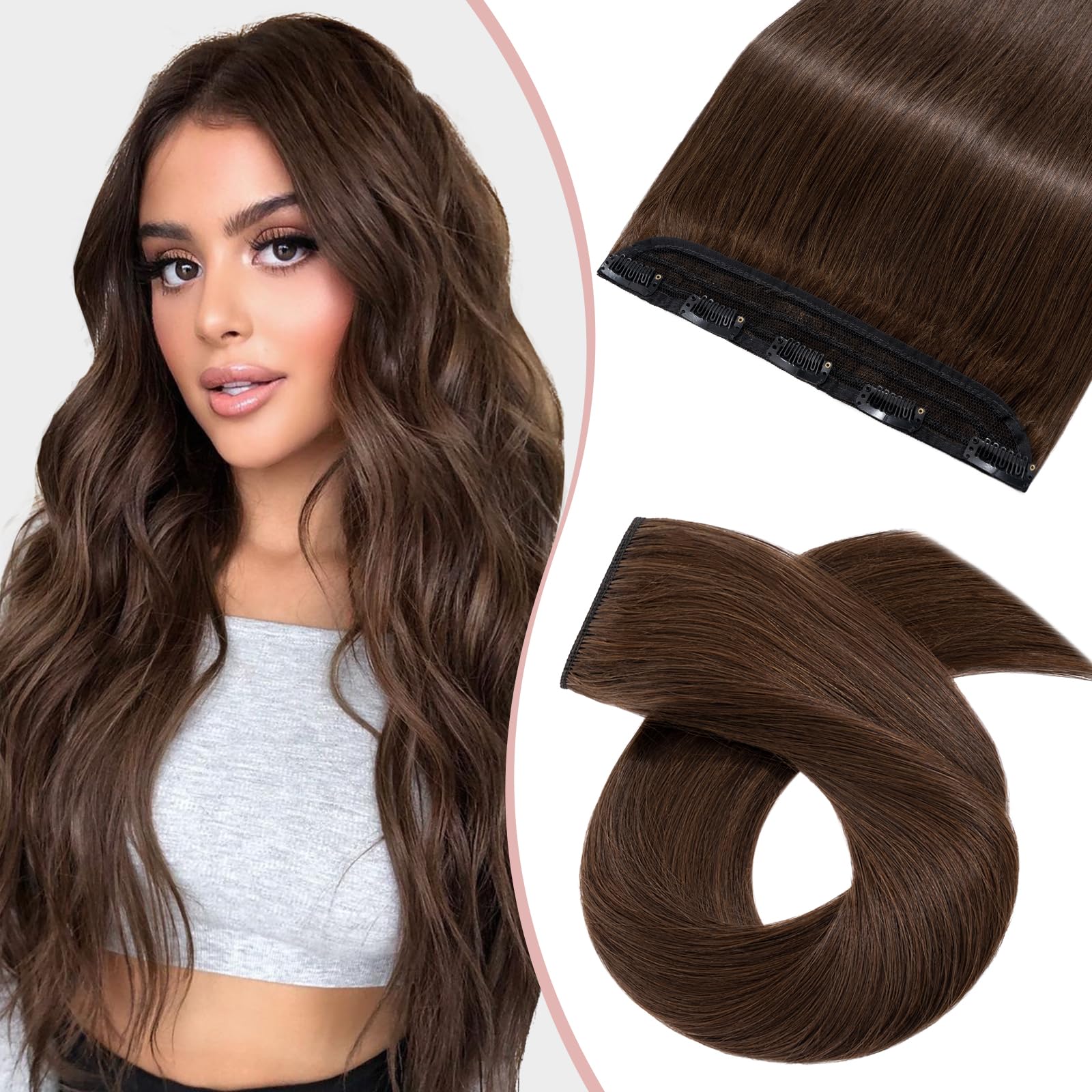 Silk-co 22"-55g One Piece Clip on Hair Extensions Seamless Clip in Hair Extensions #04 Medium Brown Real Remy Human Hair Extension 3/4 Half Head Natural Straight