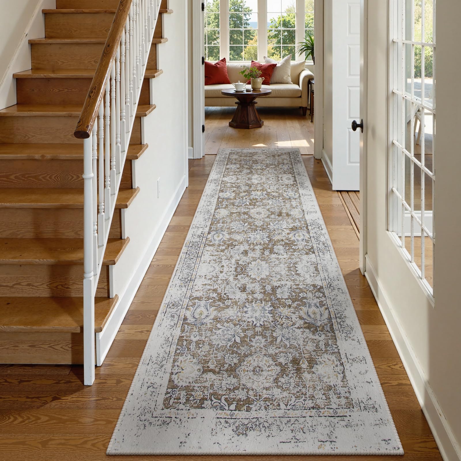 Photo 1 of Lahome Vintage Floral Hallway Runner Rug, 2.5X10 Long Washable Runner Rug Non Slip Kitchen Runners,Low Pile No Shedding Carpet Runners for Entryway Bedroom ?Bathroom,Khaki