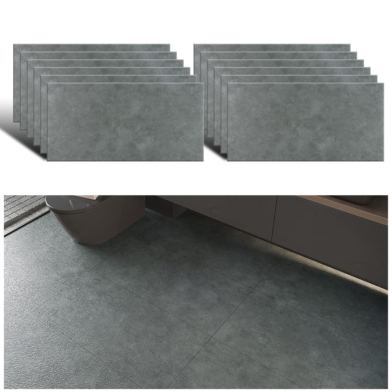 VEELIKE Thicken Grey Vinyl Flooring Peel and Stick Vinyl Floor Tiles Vintage Concrete Effect Tile Stickers for Bathroom Livingroom Stick on Floor Tiles for Kitchen Waterproof 60cm x 30cm 12 Pieces