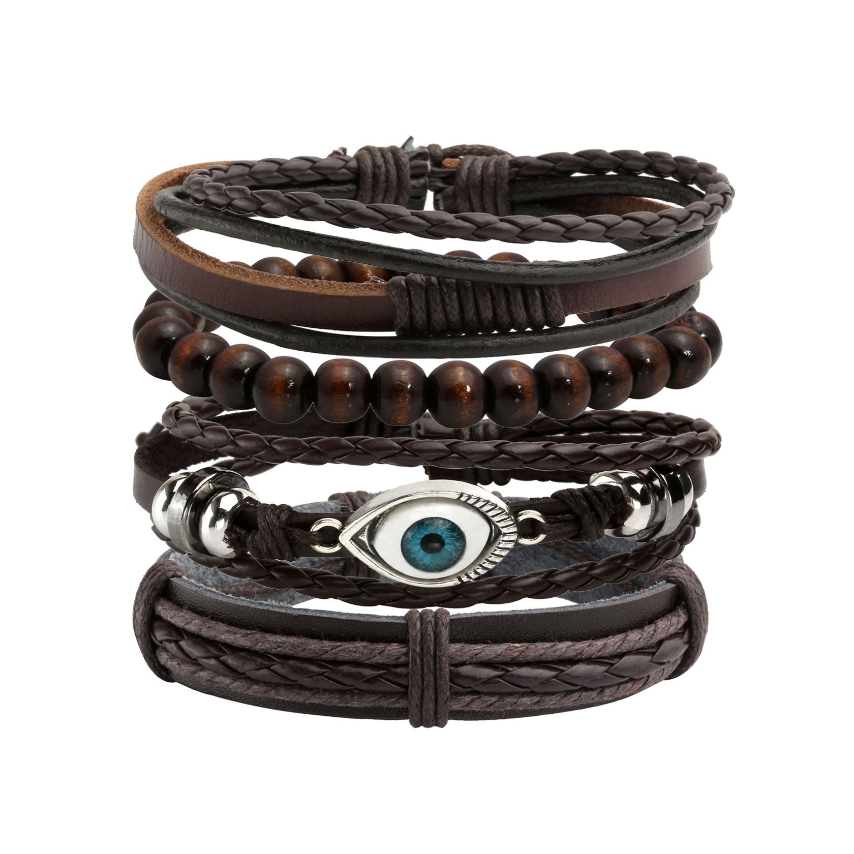 MILAKOO 4Pcs Women Men Black Braided Leather Bracelet with Evil Eye Decor