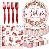 48pcs Strawberry Birthday Decorations Strawberry Themed Supplies A Berry Sweet Baby Is on the Way Games Plates Napkins and Forks for Girls Baby Shower, Suitable for 16 Guests