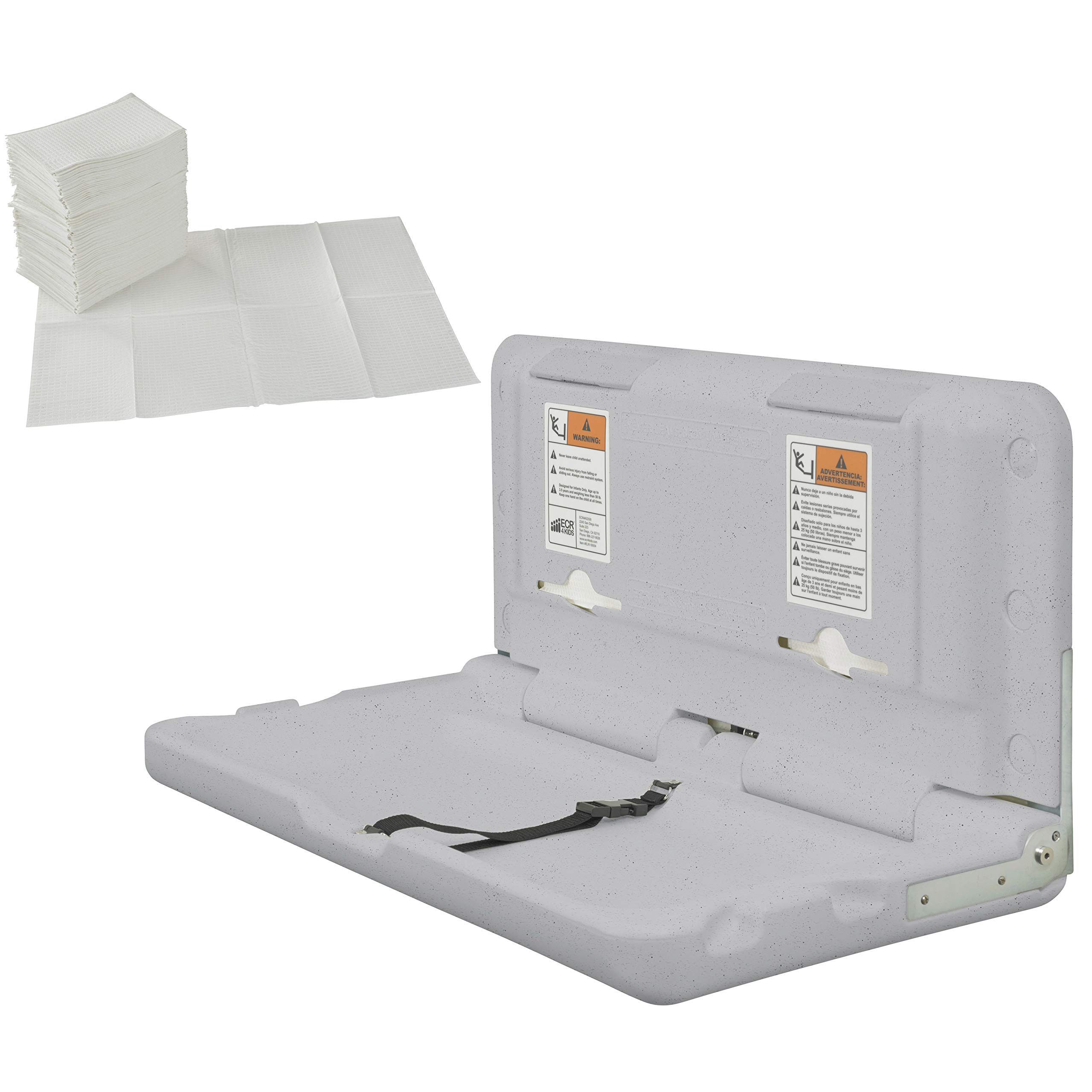 ECR4Kids Horizontal Wall-Mounted Changing Station with 500 Sanitary Liners, Baby Changer, Grey Speckled