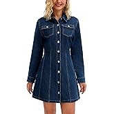 CIMUK Women's Denim Mini Dress Button Down Collared Long Sleeve A-Line Jean Dresses