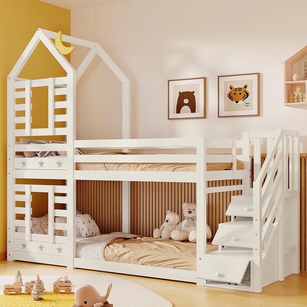 Jtyca Kids Bunk Bed with Storage, Solid Pine, Twin Sleeper, White
