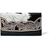 Merbaa Sundown Stash Tooled Leather Cowhide Hair On Wallet for Women RFID Blocking Trifold Wallet