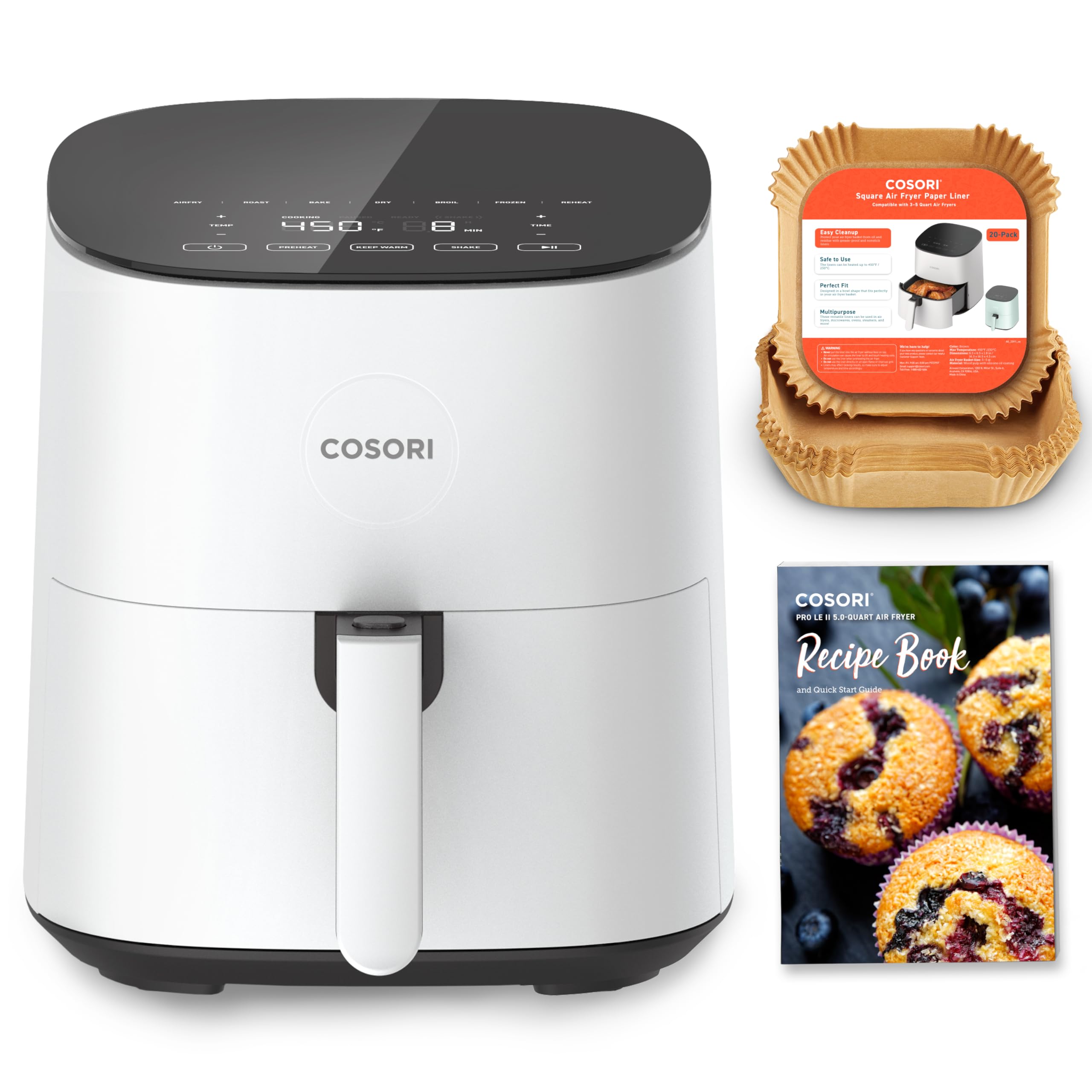 COSORI Air Fryer Pro LE Freidora de aire de 5 cuartos, con 20 revestimientos de papel, 10 funciones que secan, hornean, asan y precalientan, recordatorio de batido, hasta 450 ℉, 85 % menos de aceite, compacta, más de 130 recetas, apta para lavavajillas, blanca
