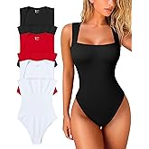 OQQ Women's 3 Piece Bodysuits Sexy Ribbed Strappy Square Neck Sleeveless Tummy Control Tank Tops Bodysuits