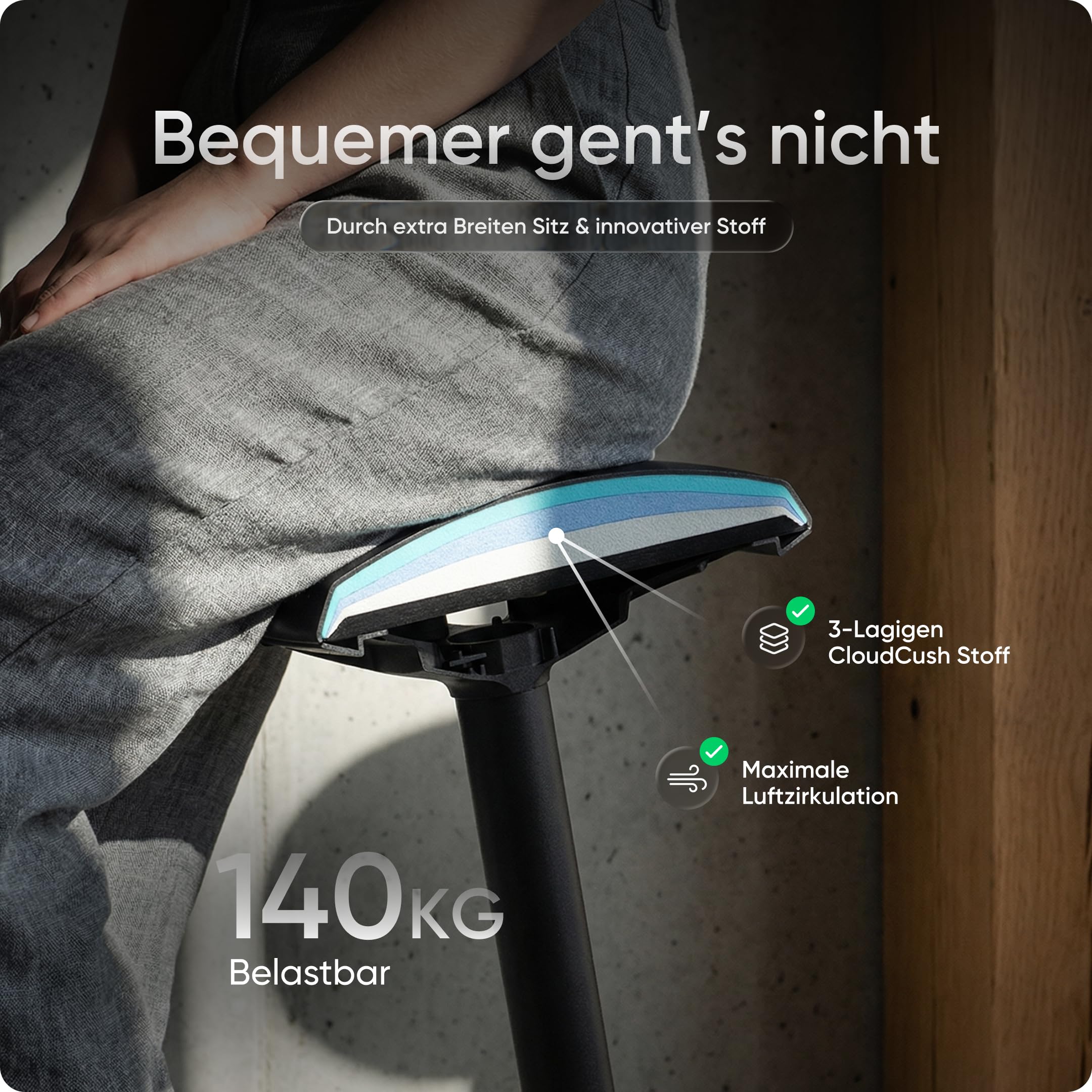 DESKSPACE Motion Sitzhocker - Stehhocker höhenverstellbar, ergonomischer Hocker bis 140kg mit CushCloud-Polsterung, Gasfeder & 3D-Sitzmechanik, Bürohocker ergonomisch, Wackelhocker Stehstuhl (Schwarz) 6