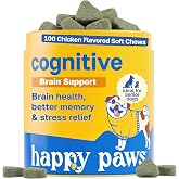 Happy Paws Cognitive Taurine Supplement for Dogs, 100 Soft Chews | With Spirulina, CoQ10 &amp; Vitamins B1, B3, B12, Senior Dog Vitamins that Support Cognitive Function, Memory and Focus