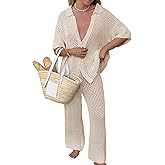 Famulily Womens Sexy Hollow Out Swimsuit Cover Up Sets Button Up Tops and Drawstring Pants 2 Piece Beach Set
