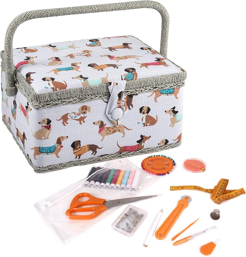 Hobby Gift Medium Sewing Box Organiser Kit with Handle Sausage Dog