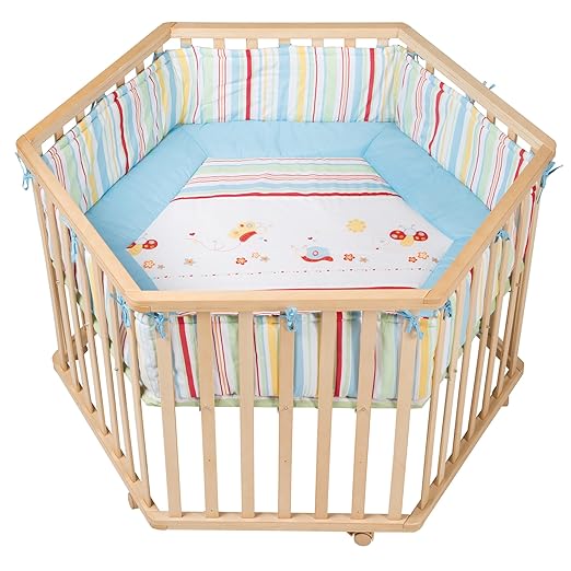 roba Laufgitter 'Butterfly', Laufstall 6-eckig, sicheres Spielgitter inkl. Schutzeinlage & Rollen, Baby Krabbelgitter, Holz n
