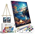JOOZ Landscape Paint by Numbers Kit for Adults with Frame, Moon Lake Paint by Number with Easel, DIY Adult Paint by Number Kits Moon for Home Wall Decor 8 x 12 Inch